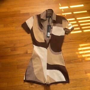 White Fox Boutique Checkered Brown and Cream Romper